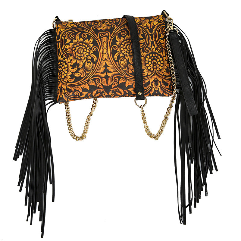 Wholesale Western Style Tassel Small Square Bag Printed Crossbody Chain Bag